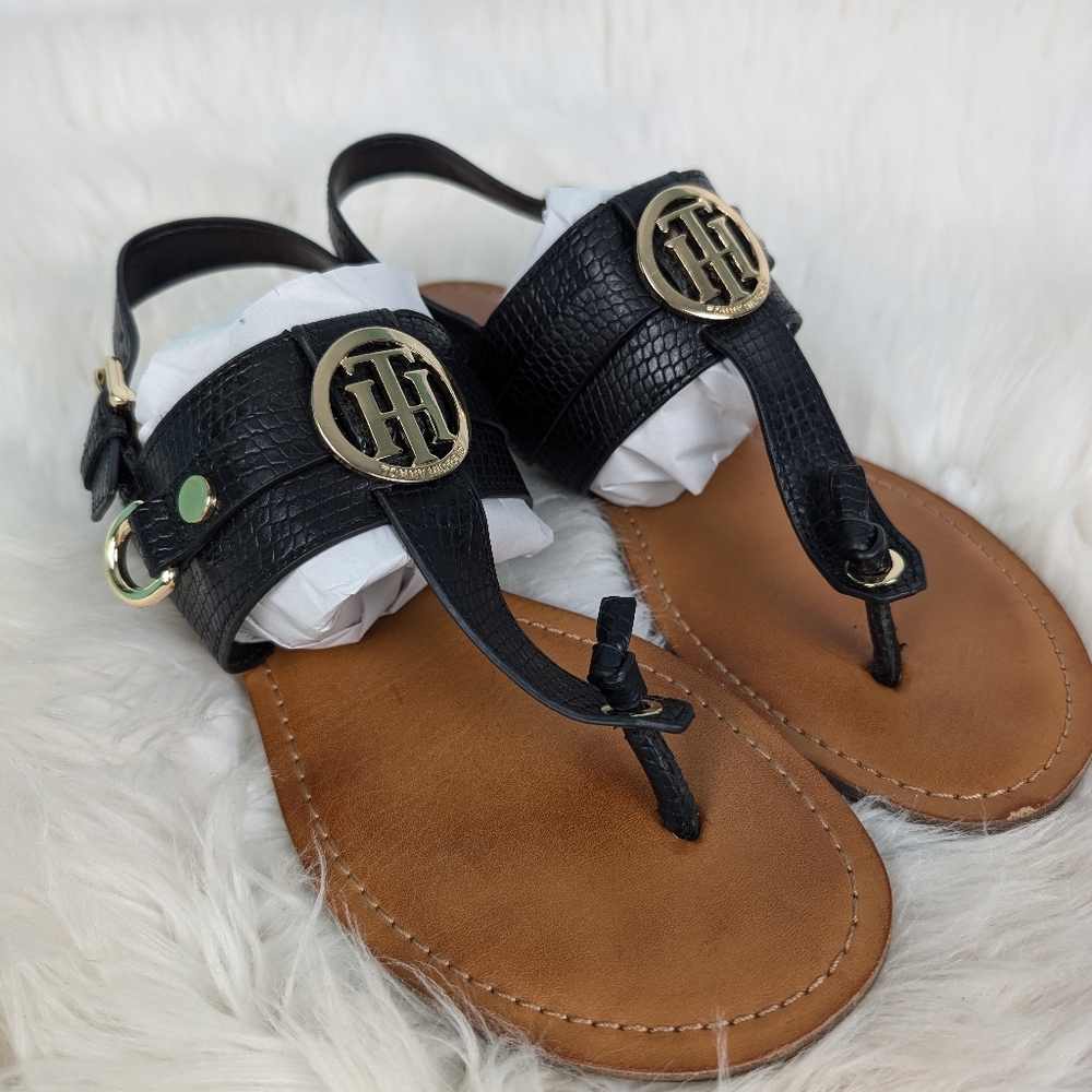 Tommy Hilfiger leather sandals, women's size 8, black